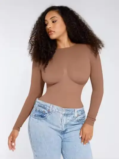 Buy UK Seamless Long Sleeve Shaping Bodysuit | Taupe Figure-Hugging Top | nonnielegance.com - Image 8