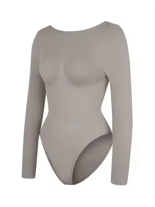 Buy UK Seamless Long Sleeve Shaping Bodysuit | Taupe Figure-Hugging Top | nonnielegance.com - Image 6