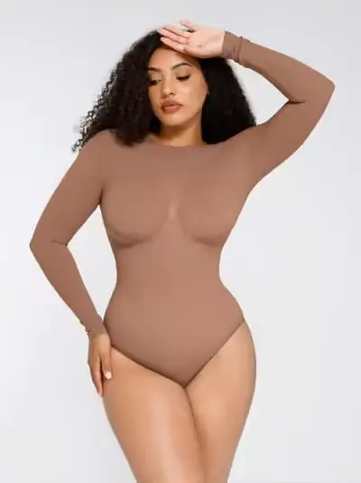 Buy UK Seamless Long Sleeve Shaping Bodysuit | Taupe Figure-Hugging Top | nonnielegance.com - Image 4