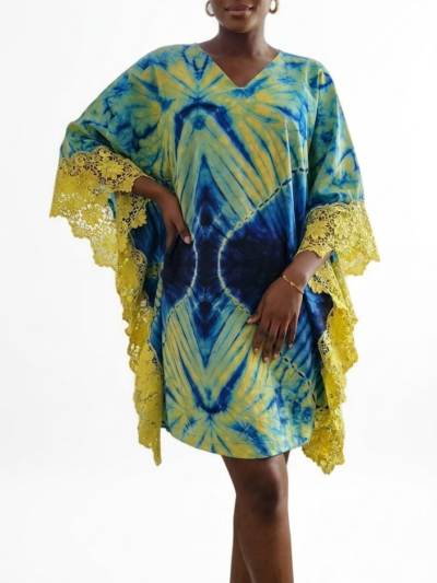 The Yara Lace-Trimmed Adire Kaftan