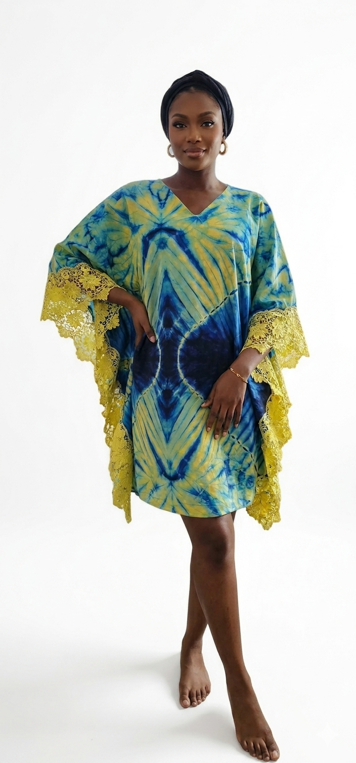The Yara Lace-Trimmed Adire Kaftan