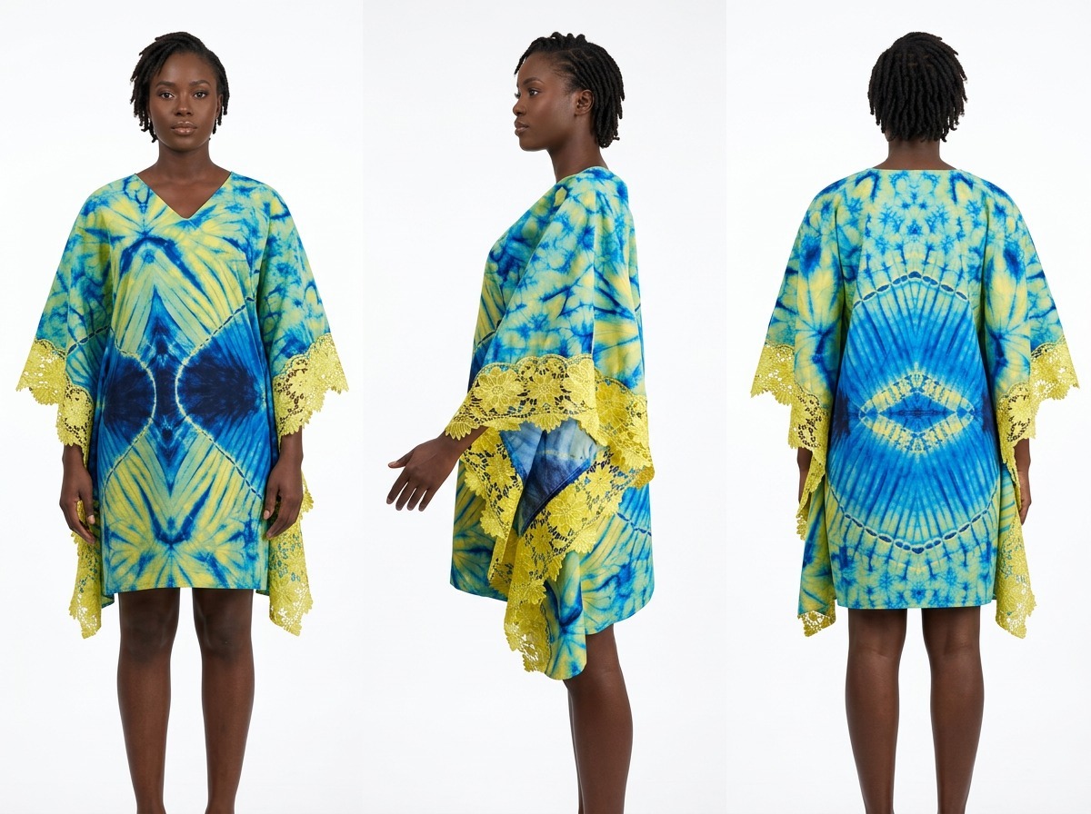 The Yara Lace-Trimmed Adire Kaftan
